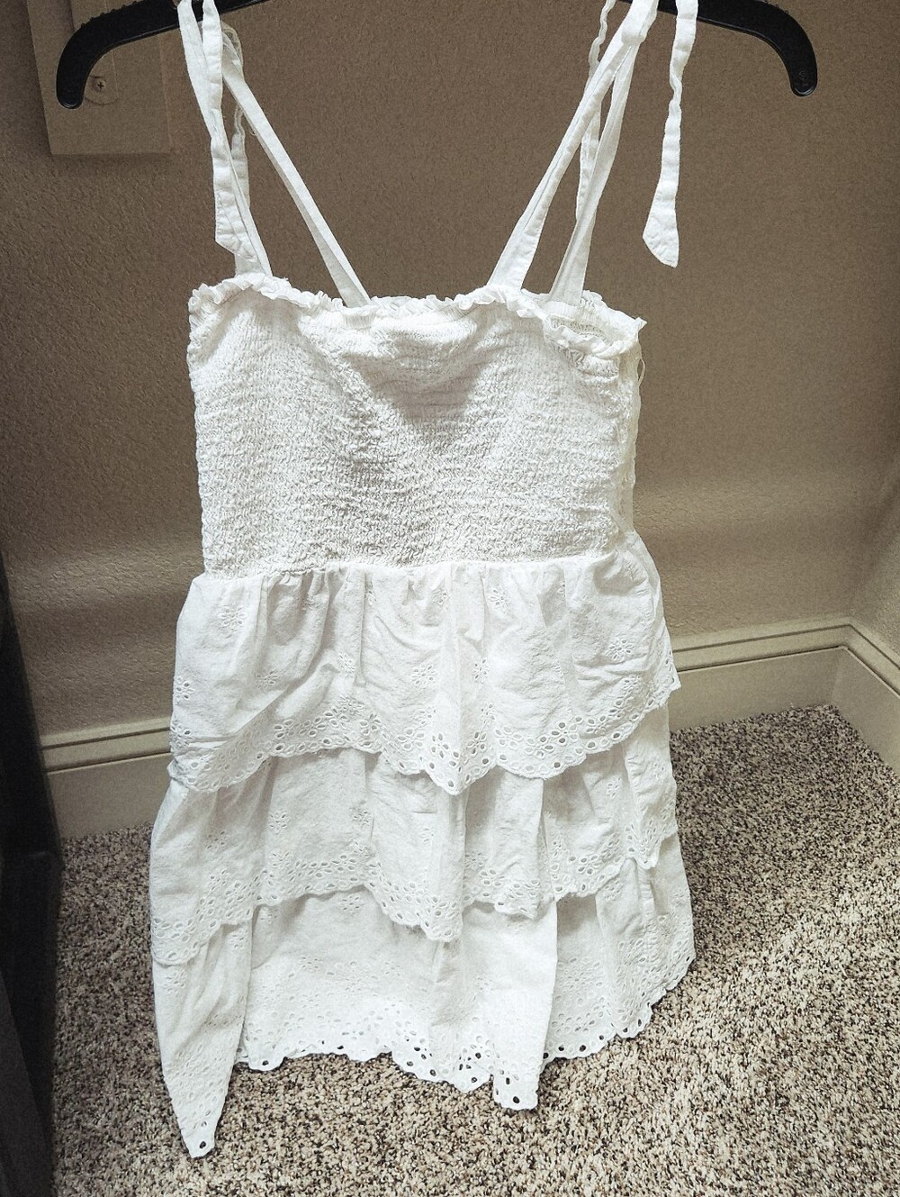 American Eagle White Eyelet Smocked Dress with Ruffled Layers